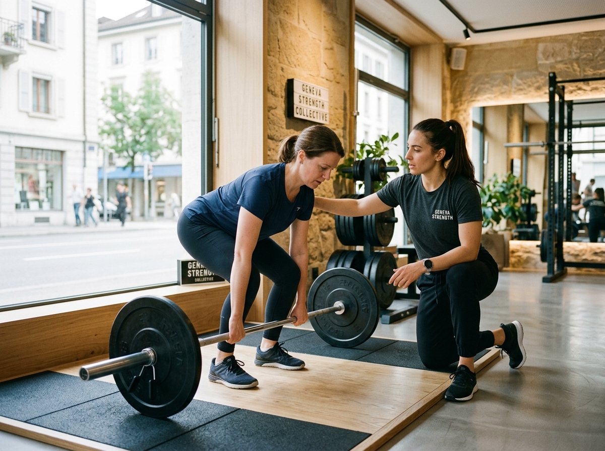 Leona guidant une pratiquante sur un mouvement technique de force en salle à Chêne-Bourg