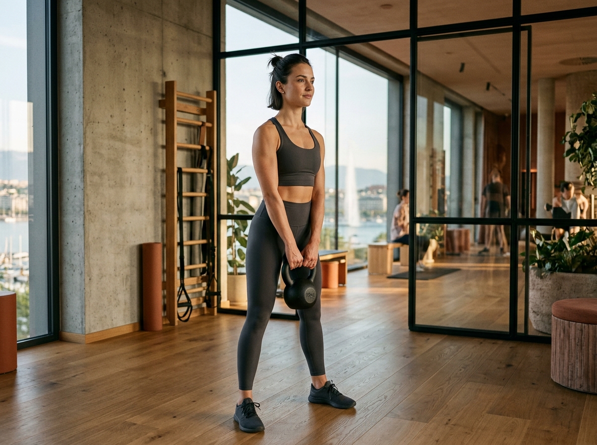 Leona, personal trainer à Genève, effectuant un entraînement de force dans un studio lumineux avec vue sur Genève